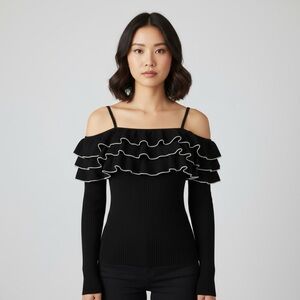 FOREVER 21 | Black Ribbed Ruffle Off-shoulder Sweater Sz S